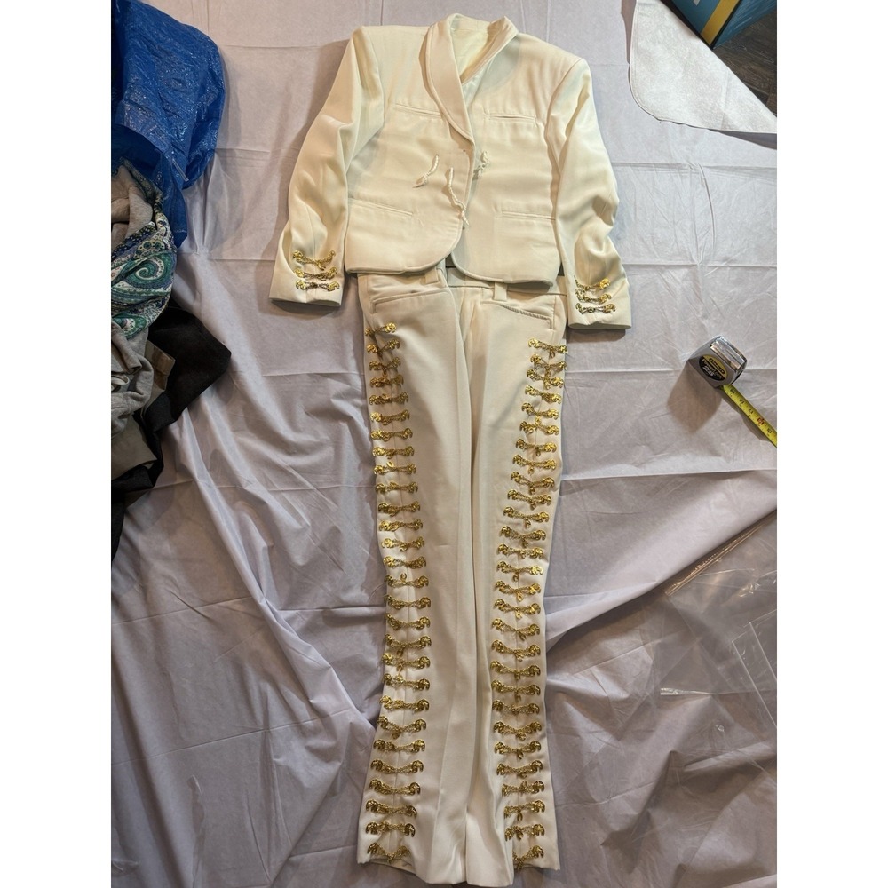 Authentic Traje De Charro Mariachi Suit White Gold Embroidered Groom Gala Outfit